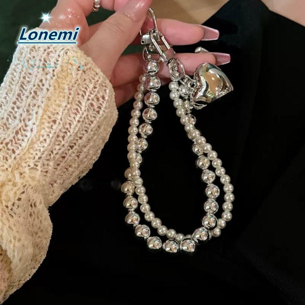 LONEMI Pearl Beaded Phone Strap, Luxury Fashion Anti-Lost Phone Chain, Trend Love Heart Wrist Short 