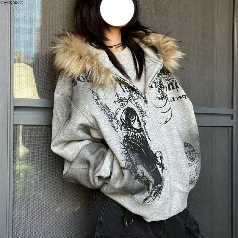 American Retro Y2k Millennium Fur Collar Zipper Hooded Jacket สําหรับผู้หญิง Dark Street Jacket