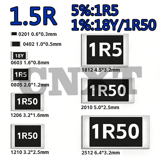 10 ~ 100 ชิ้น 1.5 R 1.5Ω ความต้านทานชิป 5%/1% 1R5/1R50/18Y 0603 0805 1206 2512