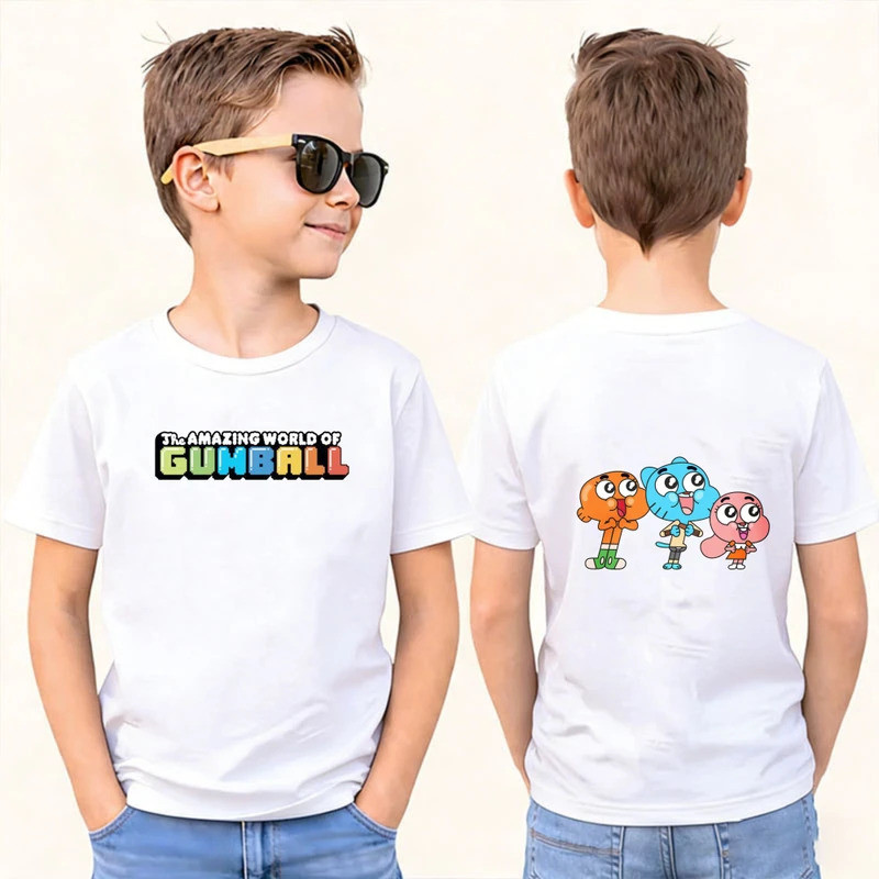 เสื้อยืดเด็กผ้าฝ้ายลายกราฟิก Gumball Darwin Anais จาก The Amazing World of Gumball เสื้อแขนสั้นสำหรั