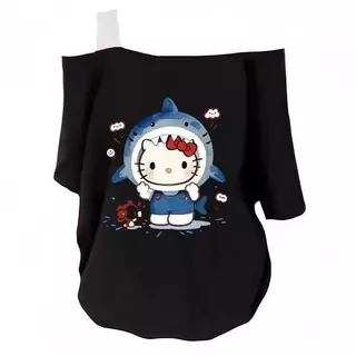 COD✅ เสื้อยืดแขนสั้นคอเอียง ดีไซน์ Fake Two-Piece ลายการ์ตูน ทรงหลวม ซ่อนหุ่นได้ สไตล์แคชชวล | ผู้หญิง ใส่ได