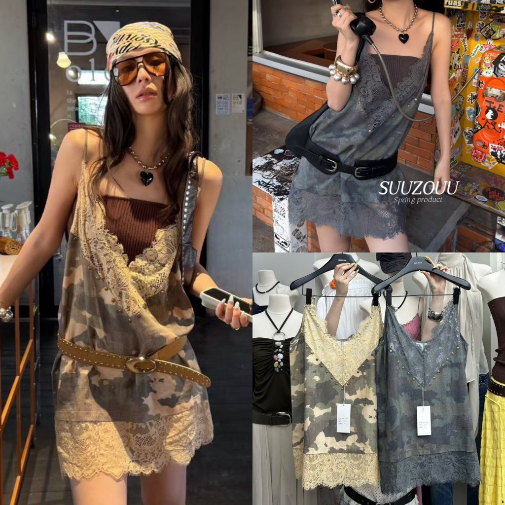 ❤ 🧵 🇰🇷 SU122 เสื้อสายเดี่ยวลายทหาร คอวี แต่งผ้าลูกไม้ แต่งหมุด งานเท่ เก๋ไม่ซ้ำใคร  แฟชั่นเกาหลี TAG MM Fish 🧵🧡