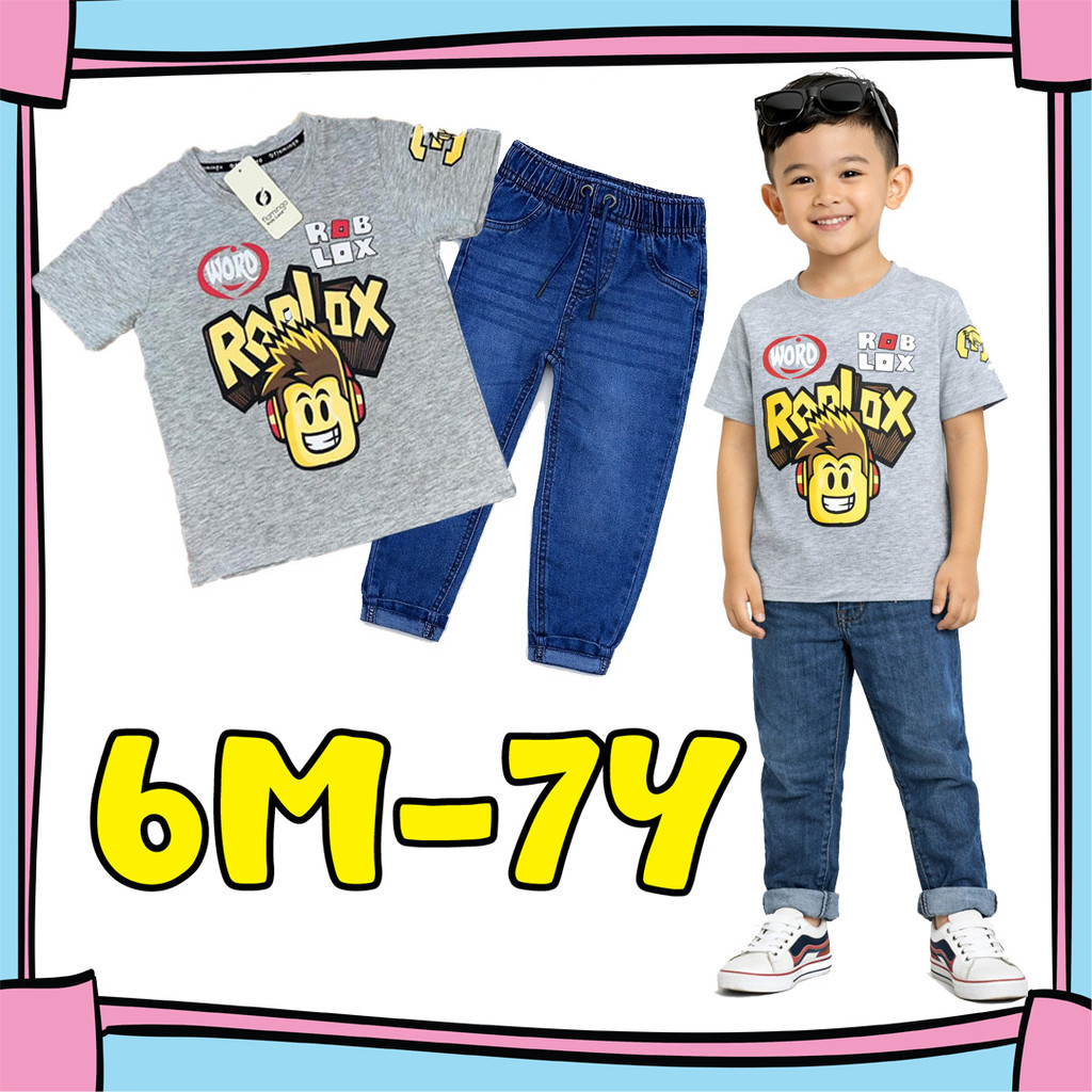 (6M-7Y) GREY Boys Ro-Blox Shirt and Jeans Set ชุดยีนส์เด็ก/ชุดยีนส์เด็ก