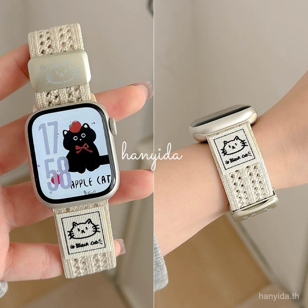 สายรัดทอแม่เหล็กระบายอากาศถักแมวน่ารักสําหรับวง Applewatch iseries 1110987654321, SE3, SE2, ultra, u