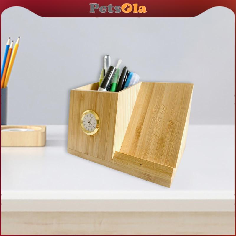 PETSOLA 10W ชั้นวางปากกา W/นาฬิกาไม้ไผ่ Stuff โทรศัพท์สถานีชาร์จอุปกรณ์สําหรับดินสอ Universal โทรศัพ