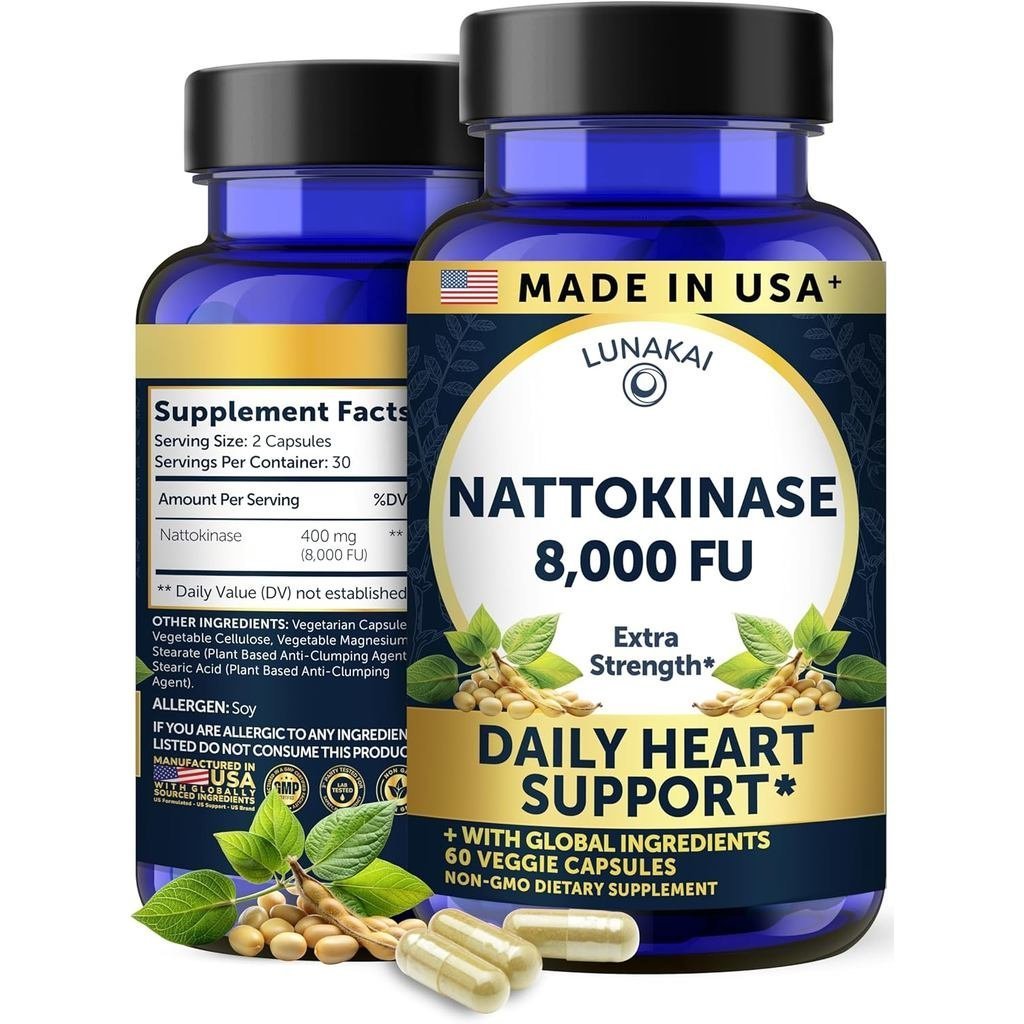 Lunakai American Natto Enzyme อาหารเสริม-เสิร์ฟแต่ละบรรจุ 400 มก. Natto Enzyme, 8000 FU-รองรับระบบหม