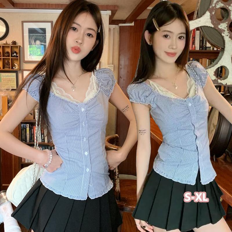 👚Anna_fashion👚【ไม่มีเสื้อกั๊ก】 เสื้อแขนสั้นลายทางสไตล์เกาหลีหวานๆ น่ารักรับหน้าร้อน เสื้อเชิ้ตลายทางแขนกุด 99287