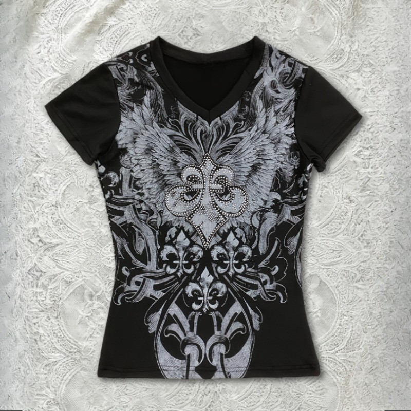 Y2K retro punk dark สไตล์ V คอปั๊มร้อนพิมพ์เสื้อยืด