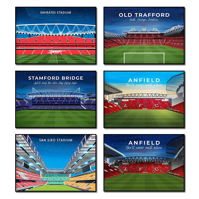 กีฬาที่มีชื่อเสียงระดับโลก Liverpool Enfield Stadium Arsenal Stadium Old Trafford Stadium โปสเตอร์ผ้