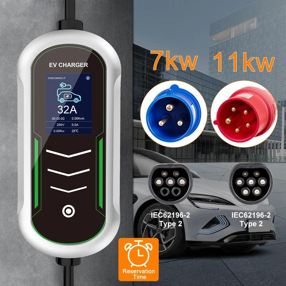 7KW 11KW EV แบบพกพา Charger Type2 IEC62196-2 EVSE กล่องชาร์จ CEE ปลั๊กนัดหมายเวลารถยนต์ไฟฟ้ารถ Fast 