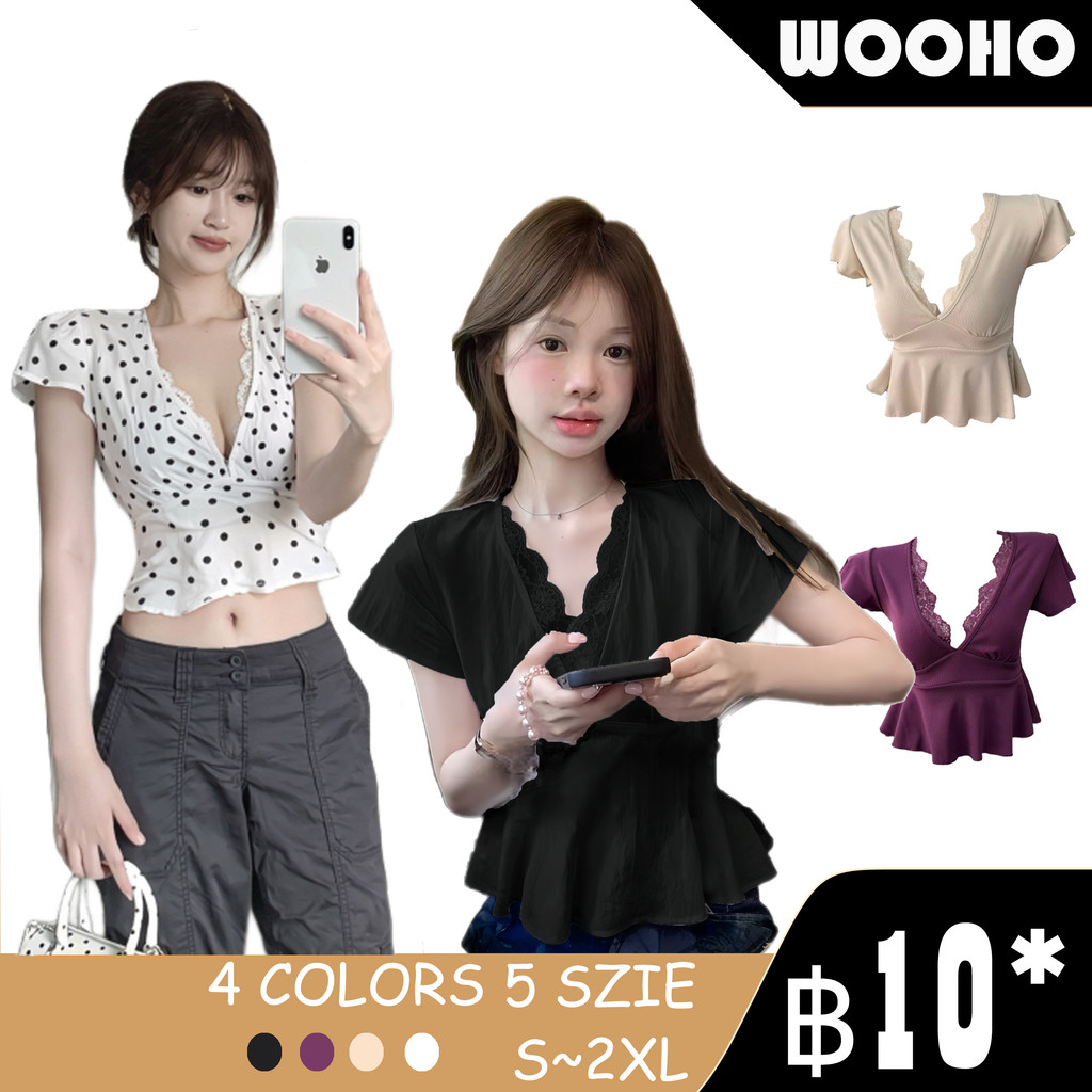 WOOHO.เสื้อเบลาส์ผู้หญิง สีดำ ลูกไม้คอวี แขนพอง ทรงบาบี้ดอล สไตล์ Y2K น่ารักสำหรับฤดูร้อน แขนสั้นระบายผูกเอว