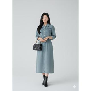 ชุดเดรสยีนส์คอปกเเขนยาว กระโปรงยาวผ่าหลัง งานผ้ายีนส์เเท้ กร…