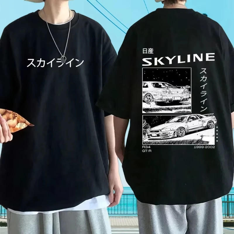 เสื้อยืดผู้ชายขนาดใหญ่ ผ้าฝ้าย อนิเมะ Drifting AE86 Initial D พิมพ์สองด้าน เสื้อยืดลำลอง R34 Skyline