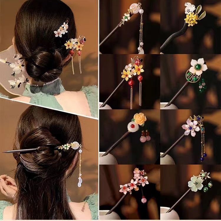ผมขดลวด High-End เขย่า Hanfu Cheongsam ไม้เลียนแบบอารมณ์ Hairpin ผมสไตล์โบราณ Step ไม้จันทน์ Hairpin