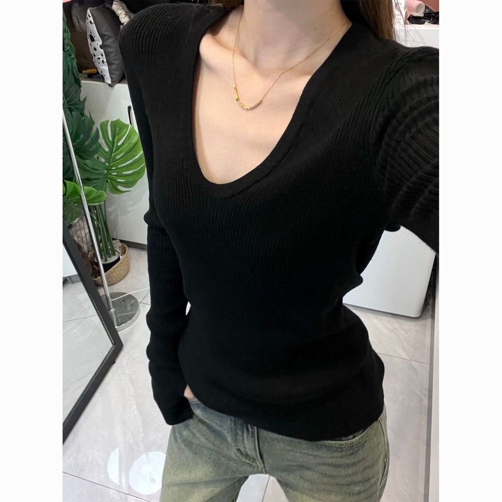 COD 2026 ฝรั่งเศสสีดํา u-คอยาวแขนยาวถักด้านบนผู้หญิงต้นฤดูใบไม้ร่วงสวมใส่ Slim-Fit Slimmer ดูเสื้อกั