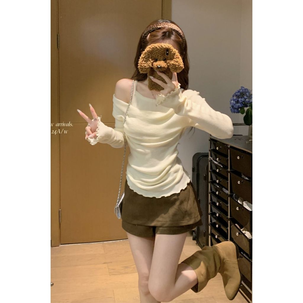 เกาหลีเกาหลี2026สไตล์อ่อนโยนออกแบบหวานซอกปลอมเสื้อแขนยาวผู้หญิงต้นฤดูใบไม้ร่วงแอปริคอทSlim-Fit Slimm