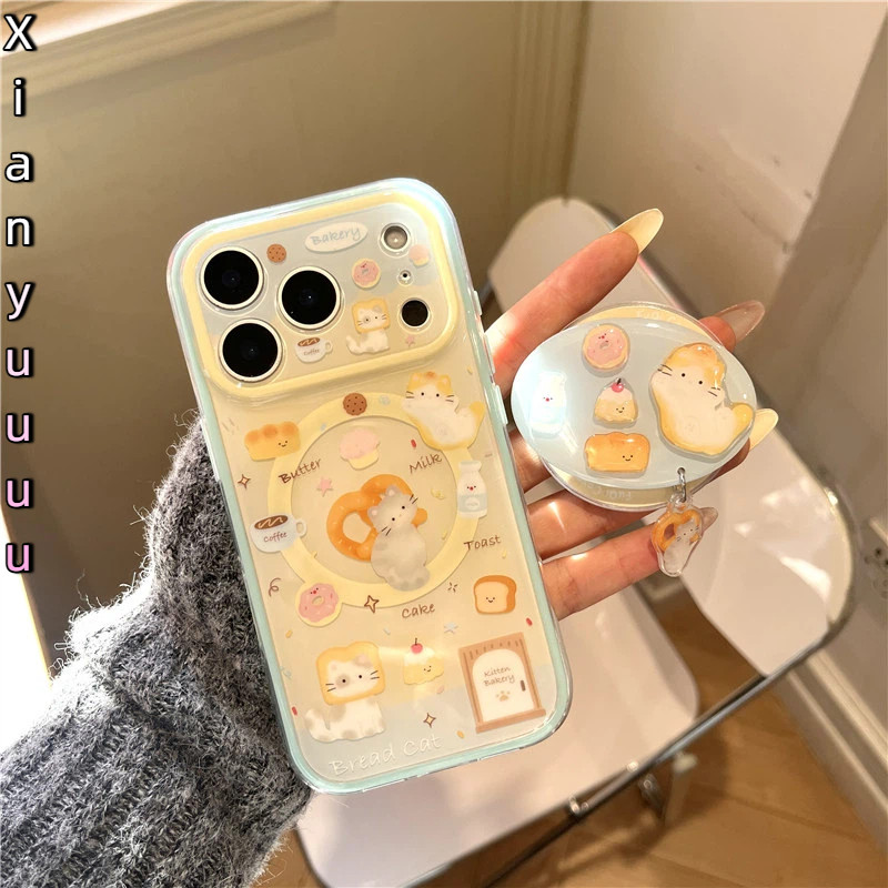 INS สองในหนึ่งแม่เหล็กการ์ตูนตลกน่ารักขนมแมว + โฮลเดอร์สําหรับ IPhone17 16 15 14 13 Pro Max 15Pro 17