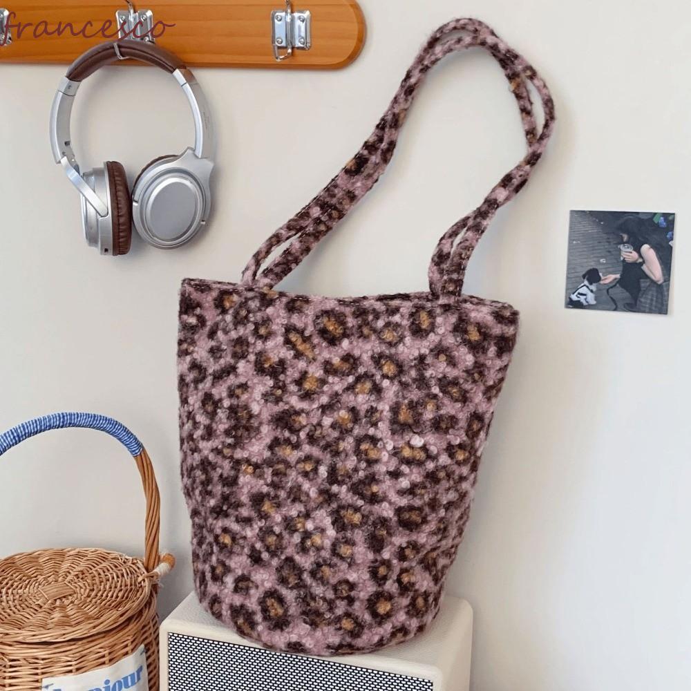 FRANCESCO Leopard Plush Tote Bag, ใช้คู่ Plush Korean Leopard Shopping Bag, Desktop Storage Large Ca