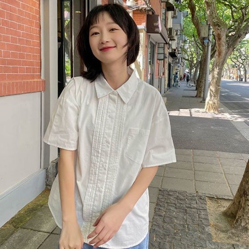 shayne-เสื้อสุภาพสตรี สีขาว ปุ่มกด เสื้อแขนสั้น ประเภทรุ่นหลวม สดชื่น หวาน วรรณกรรมและศิลปะ แฟชั่นสบาย ๆ วิทยาลัย ราคา ถูกที่สุด ดีลบีเคเค แกลเลอรีภาพที่ 3