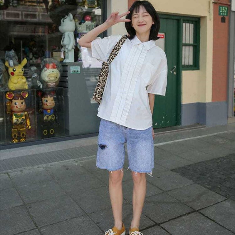 shayne-เสื้อสุภาพสตรี สีขาว ปุ่มกด เสื้อแขนสั้น ประเภทรุ่นหลวม สดชื่น หวาน วรรณกรรมและศิลปะ แฟชั่นสบาย ๆ วิทยาลัย ราคา ถูกที่สุด ดีลบีเคเค แกลเลอรีภาพที่ 4