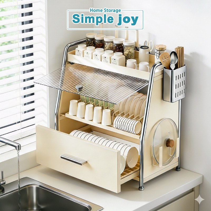 SimpleJoy ชั้นวางจานพร้อมลิ้นชัก 3 ชั้น สำหรับจัดเก็บห้องครัว