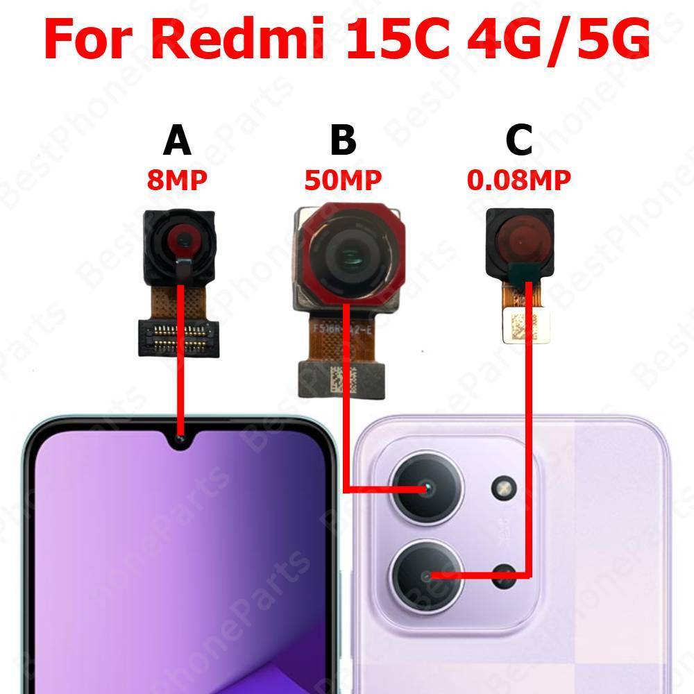 กล้องสําหรับ Xiaomi Redmi 15C 4G 5G ด้านหลังด้านหลังด้านหน้า Facing Frontal Selfie กลับโมดูลกล้องโทรศัพท์มือถืออะไหล่ทดแทน