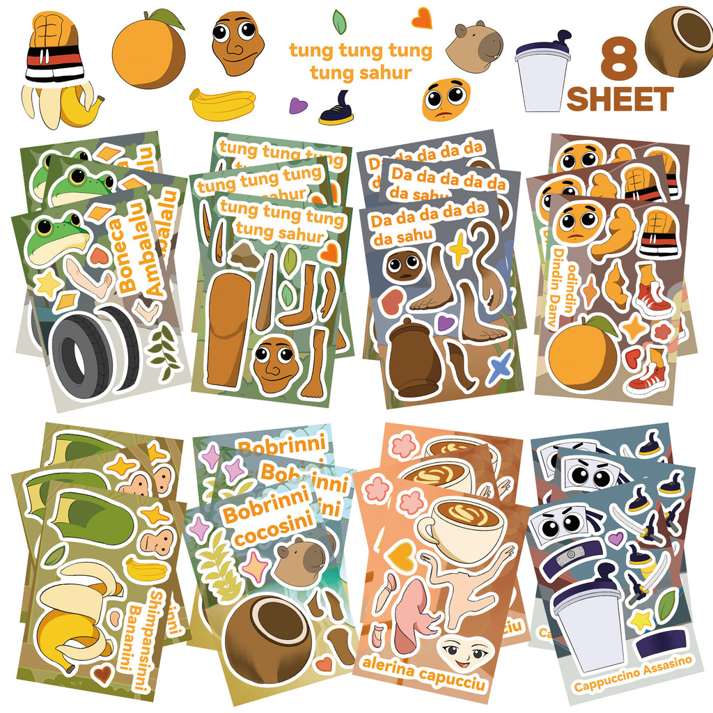 8PCS8 อิตาเลี่ยน Brainrot Tung Sahur สนุกของเล่นเด็กเปลี่ยนสติกเกอร์ปริศนา