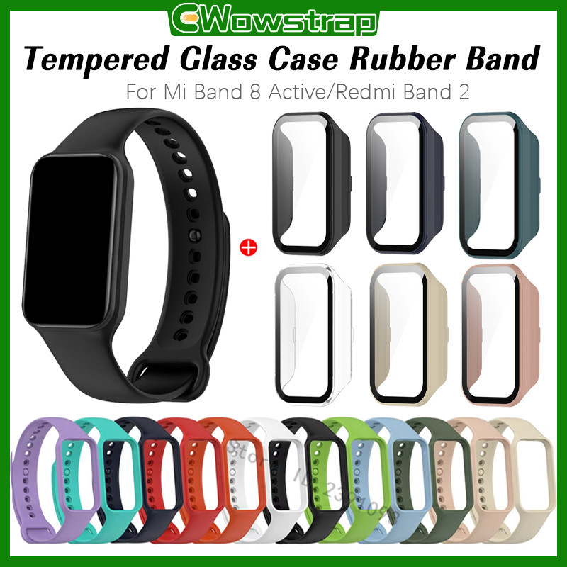 กรณีพีซีแก้วนิรภัยสายยาง for Xiaomi Mi Band 8 Active สายรัดซิลิโคนป้องกันหน้าจอ for Smartwatch Redmi Band 2