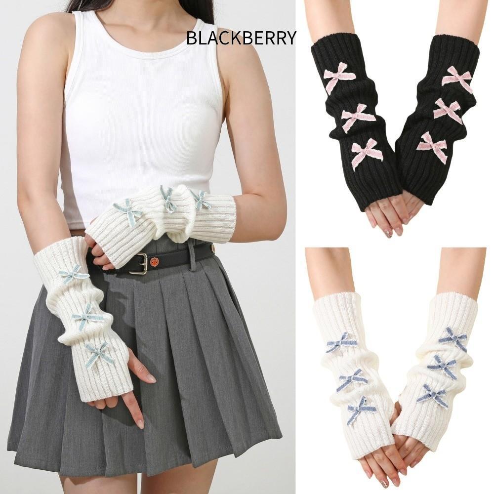 เครื่องอุ่นแขนถักยาว BLACKBERRY, ถุงมือไร้นิ้วโบว์ Bowknot Y2K น่ารัก, ปลอกแขนแฟชั่นข้นฤดูหนาว