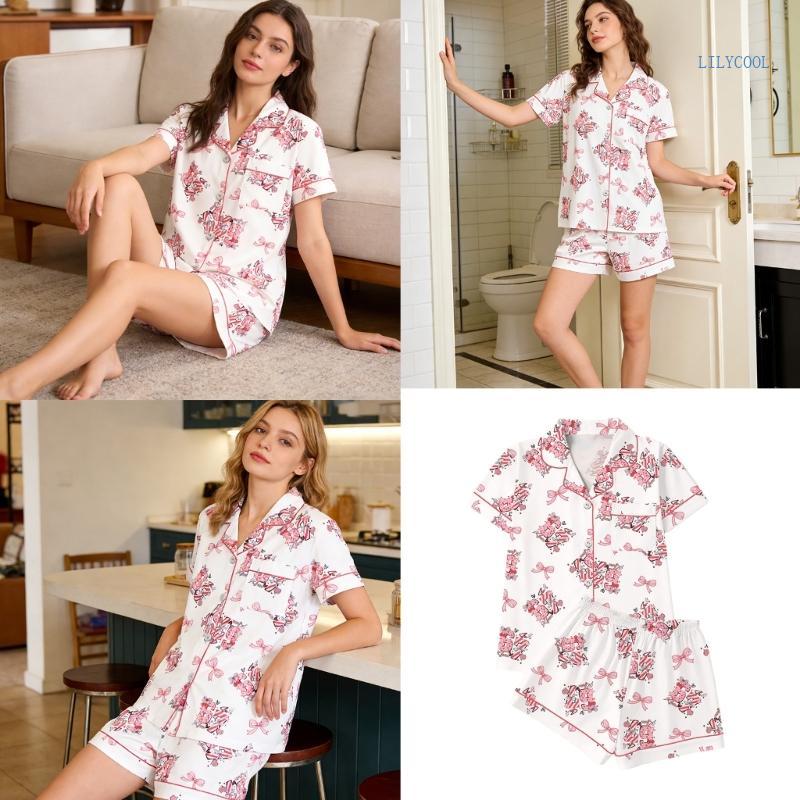 Satins Pajama Set Sleepwear Loungewear Button Down Short Sleeve Silk Pajama