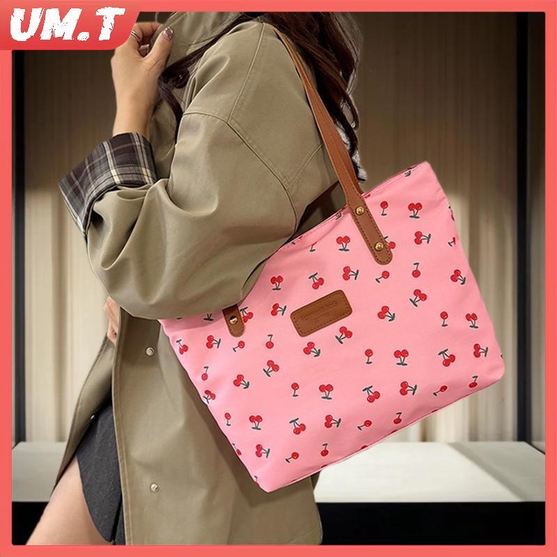 UM.T กระเป๋าสะพายพิมพ์ลายเชอร์รี่หวานความจุขนาดใหญ่กระเป๋าถือผู้หญิงอินเทรนด์ Tote Underarm Bag Fash