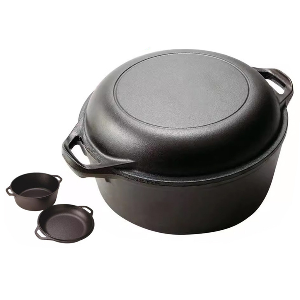 ✿ใหม่! 2-in-1 Pre-Seasoned Cast Iron Double Dutch เตาอบหม้อ W/ฝาปิด Dual Handle เหล็กหล่อเตาอบ Dutch สําหรับย่าง Campfire Stovetop ปลอดภัย
