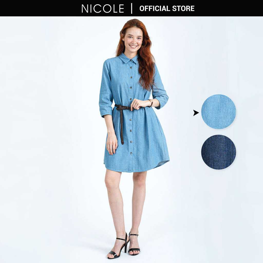 NICOLE เสื้อเชิ้ตคอปกเสื้อ 3/4 Sleeve Denim Dress พร้อมเข็มขัดเชือกถัก (ND3-2510-0036)