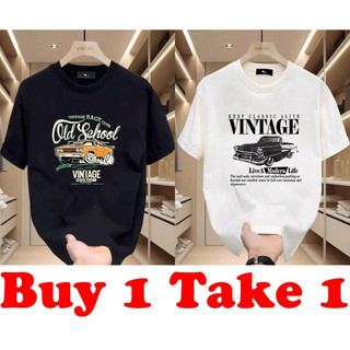 Buy 1 Get 1 Free American Classic Retro Car Letter Print T-Shirt Summer Streetwear Crewneck Round Ne