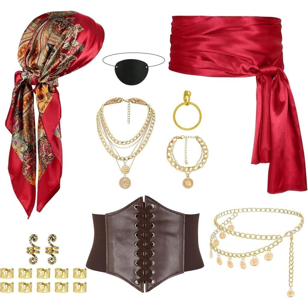 10 Pcs Pirate Costume Accessories for Women with Head Scarf Wrap Pirate Corset Eye Patch Necklace Sa