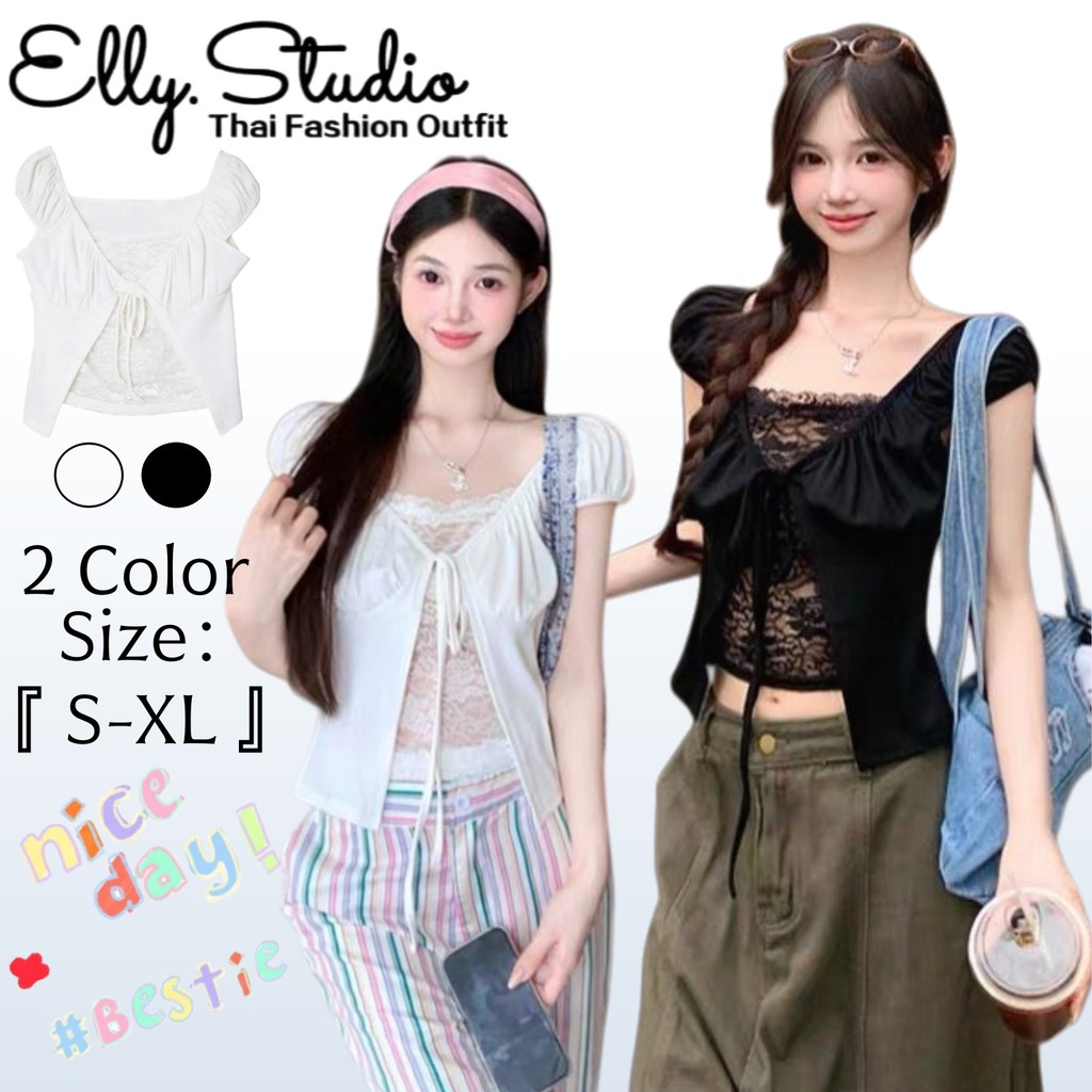 Elly พร้อมส่ง🦄เสื้อแขนตุ๊กตา🦄ดีเทลมีลูกไม้ด้านในผ้าเรอยน แต่งเชื่อกผูกโบว์ Y2Kสไตล์เซ็กซี่ เสื้อปาดไหล่ทรงครอปเเขนสั้น