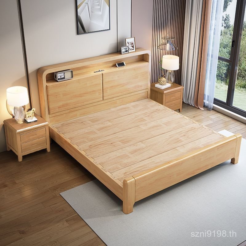 Simple Full Night ชาร์จ Light Tenon Mao หรูหราเตียงงานแต่งงานเตียงไม้เนื้อแข็ง Nordic Mute พร้อมไฟขน