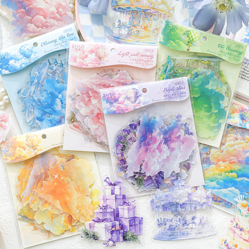 สติ๊กเกอร์แพ็คลอย Dream Flowing Cloud Series 15 แผ่นเป็น Dream Theme Handbook สติ๊กเกอร์ตกแต่ง 6 รูปแบบ
