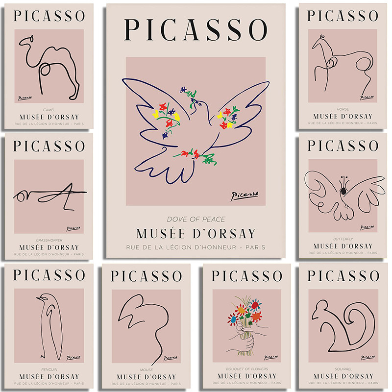 Pablo Picasso Exhibition Poster Dove of Peace Prints Picasso One Line Sketches ภาพวาดผ้าใบ Wall Art 