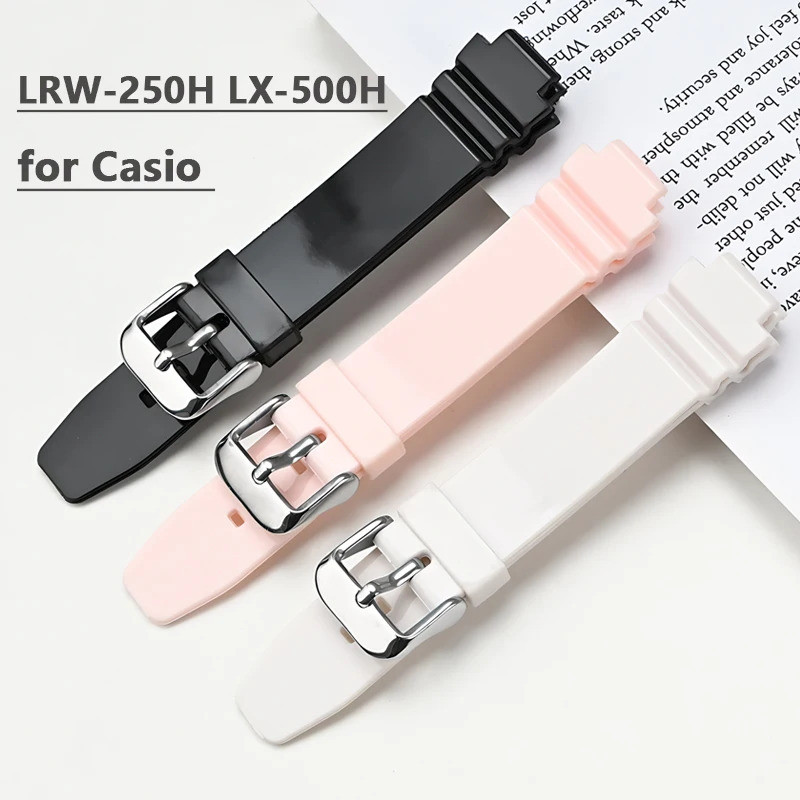 สายยางเรซินสําหรับ Casio LRW-250H 200 LX-500H ผู้หญิงสีขาวเคลือบเงาสีชมพูนูนนาฬิกาสร้อยข้อมือซิลิโคน