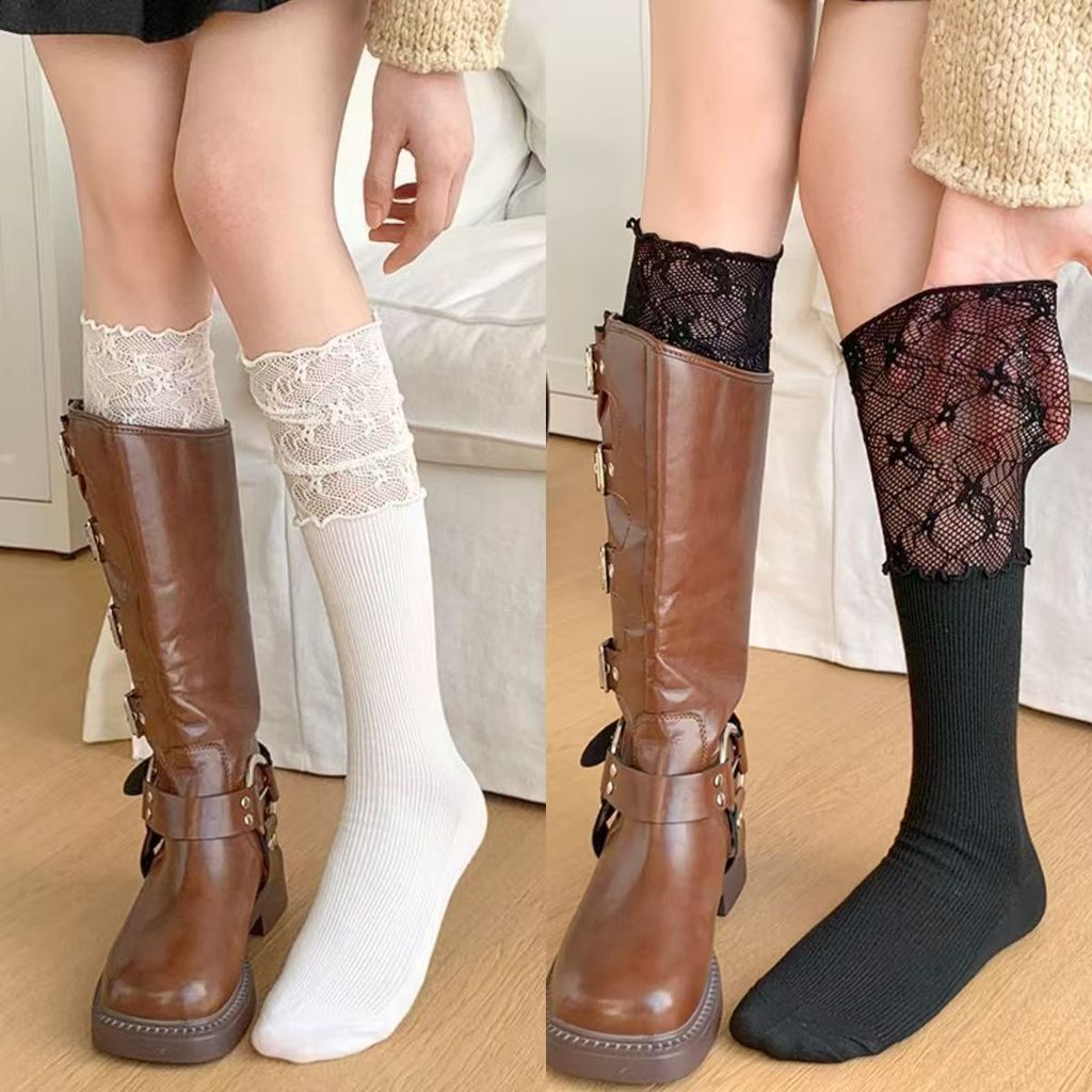 🌸ส่งใน24ชม🧦ถุงน่องลูกไม้เหนือเข่าสำหรับผู้หญิง ทรง JK สีพื้น น่ารักและใส่สบาย