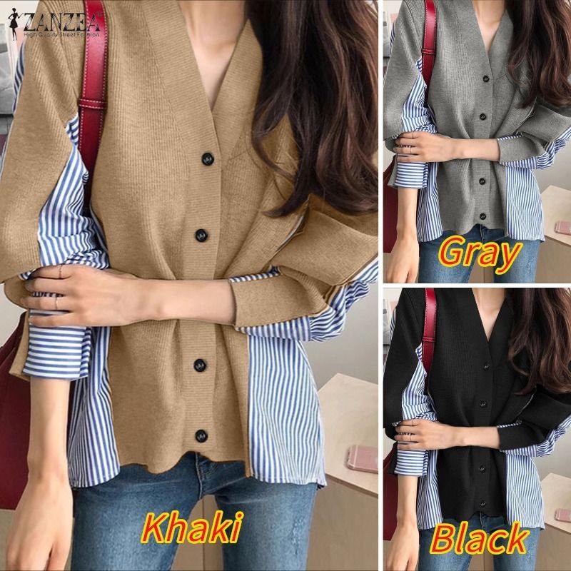 ZANZEA ผู้หญิงเกาหลีฤดูใบไม้ร่วงฤดูหนาว Niche Design V คอยาวแขนยาวลาย Patchwork เสื้อสเวตเตอร์ถักหลวม — صورة 3