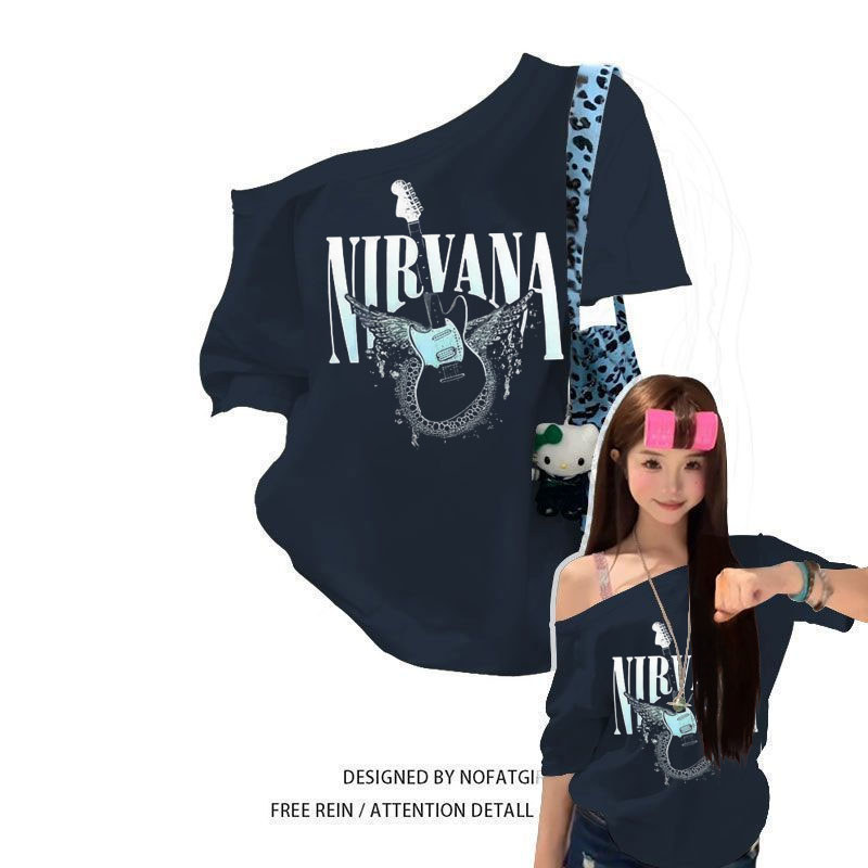 YUME🌸 เสื้อยืด เปิดไหล่  แฟชั่น สาวฮอต เสื้อเกาหลี  ดีไซน์พิเศษ โคตรนุ่ม ไม่ต้องรีด "NIRVANA"