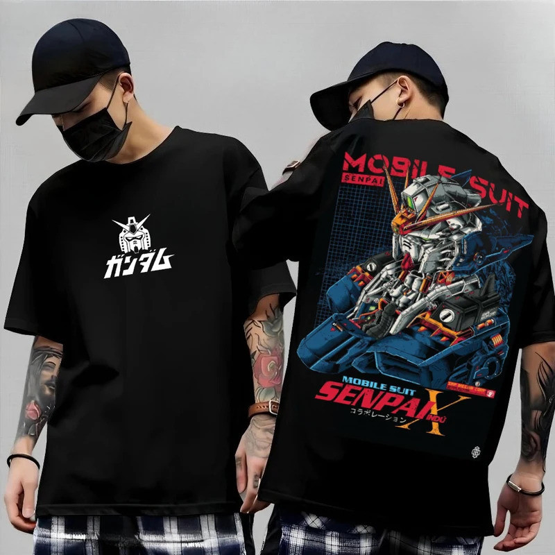 อนิเมะญี่ปุ่น Mobile Suit RX-78-2 Gundam เสื้อยืดแขนสั้นผ้าฝ้ายพิมพ์สำหรับผู้ชายและผู้หญิง Harajuku 