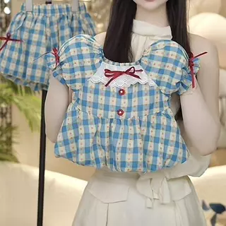 พร้อมส่งจากไทยค่ะ ชุดเซ็ตเด็กผู้หญิง แต่งลายสก๊อตสีน้ำเงิน เสื้อแขนตุ๊กตา+กางเกงมีซับใน GH877
