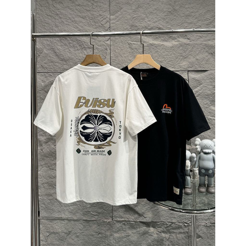 EVISU/God of Fortune 2026 คลาสสิกรอบคอแขนสั้นเสื้อยืดผู้ชายผู้หญิงสไตล์ 2026 ต้นฤดูใบไม้ผลิสไตล์ใหม่