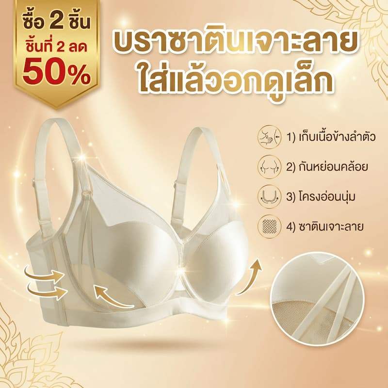 【ซื้อชิ้นที่ 2 ครึ่งราคา】บราเซ็กซี่โครงอ่อนผ้าซาตินโปร่ง ลูกไม้กลวง สำหรับอกใหญ่ เก็บเนื้อข้าง ป้องกันห้อย ปรับรูปทรง