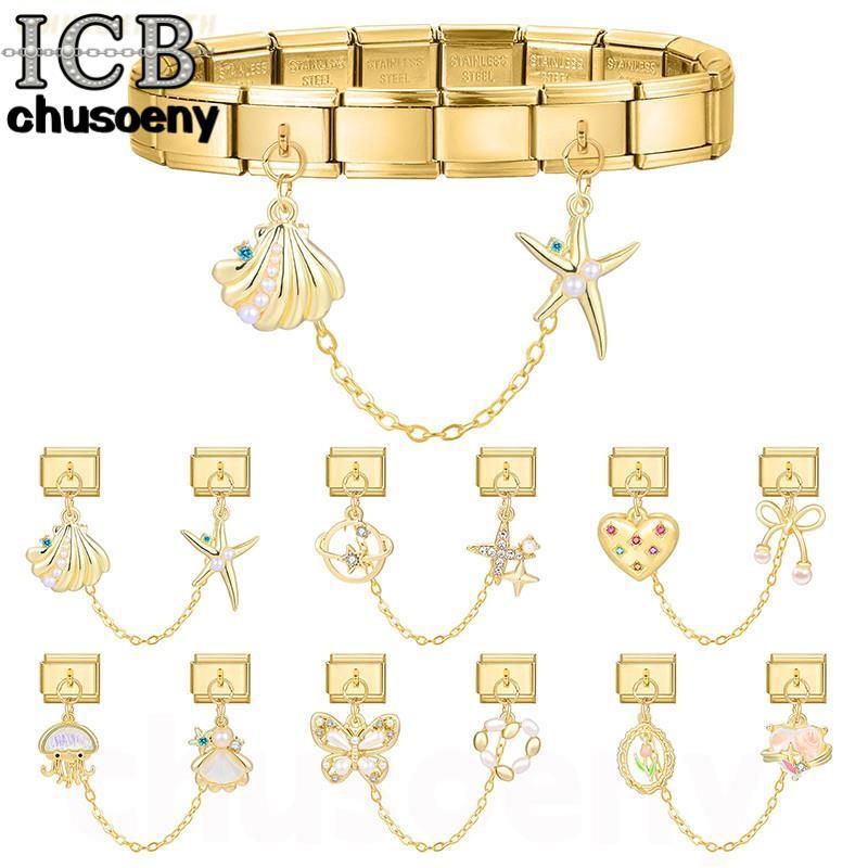 Golden Star Bow สร้อยข้อมือ Charm อิตาเลี่ยน Fit 9 มม. สแตนเลส DIY เครื่องประดับ อุปกรณ์เสริม Retro บุคลิกภาพโมดูลสร้อยข้อมือ