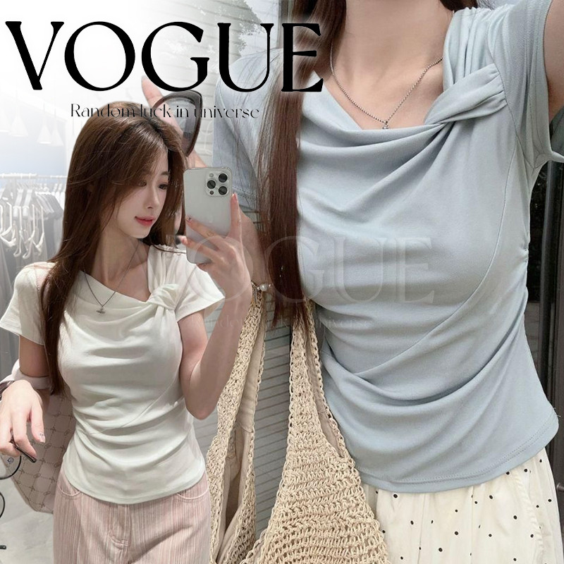 Vogue🌟พร้อมส่ง🌟 เสื้อยืดแขนสั้น คอย่นดีเทลเก๋ๆ ยืดตามตัว มี2สี สไตล์พี่สาวเกา (KKD02)