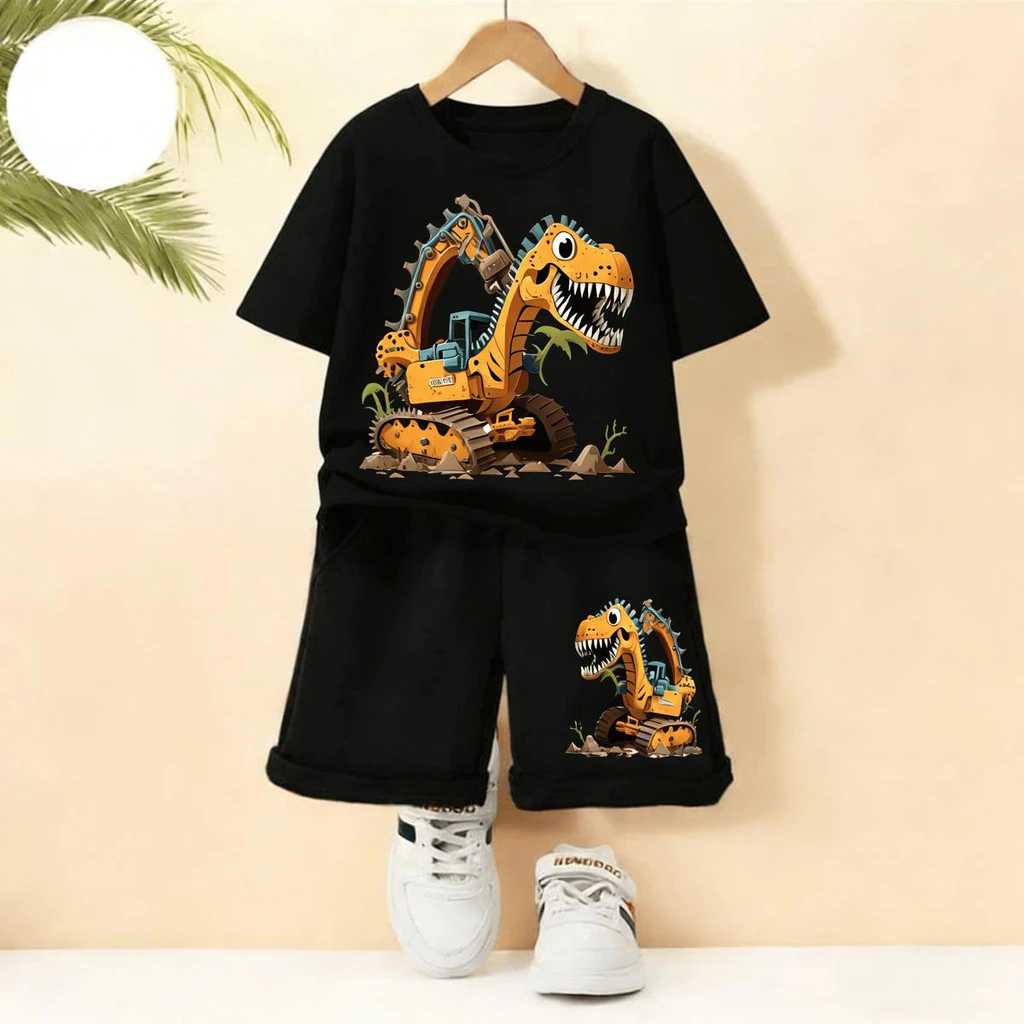 ชุดเสื้อ+กางเกงขาสั้นเด็กชาย ลายไดโนเสาร์รูปรถขุดสีเหลือง สไตล์เท่ห์ๆ คุณภาพดี ใส่สบาย